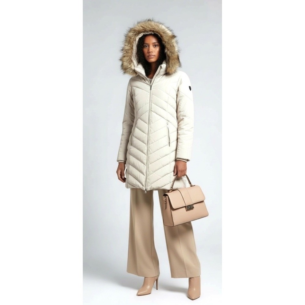 Jones New York Women's Cream Quilted Faux‎ Fur Hood Puffer Coat Size S